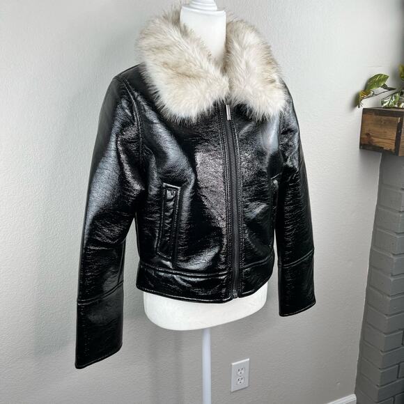 Revolve Unreal Fur Wet Look Aviator Biker Jacket Faux Leather/Fur Black L NWT - Picture 7 of 16